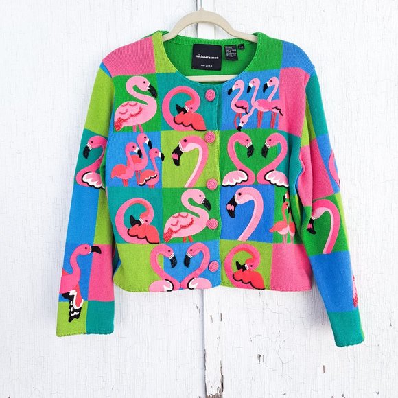 Michael Simon Sweaters - Vtg Michael Simon Flamingo Cardigan Sweater 90s Color Block Granny Petite Small